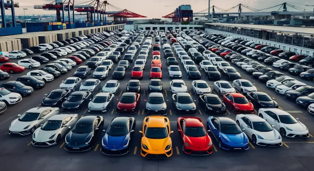 aerial view new cars sale stock lot row new cars dealer inventory import export business logistics